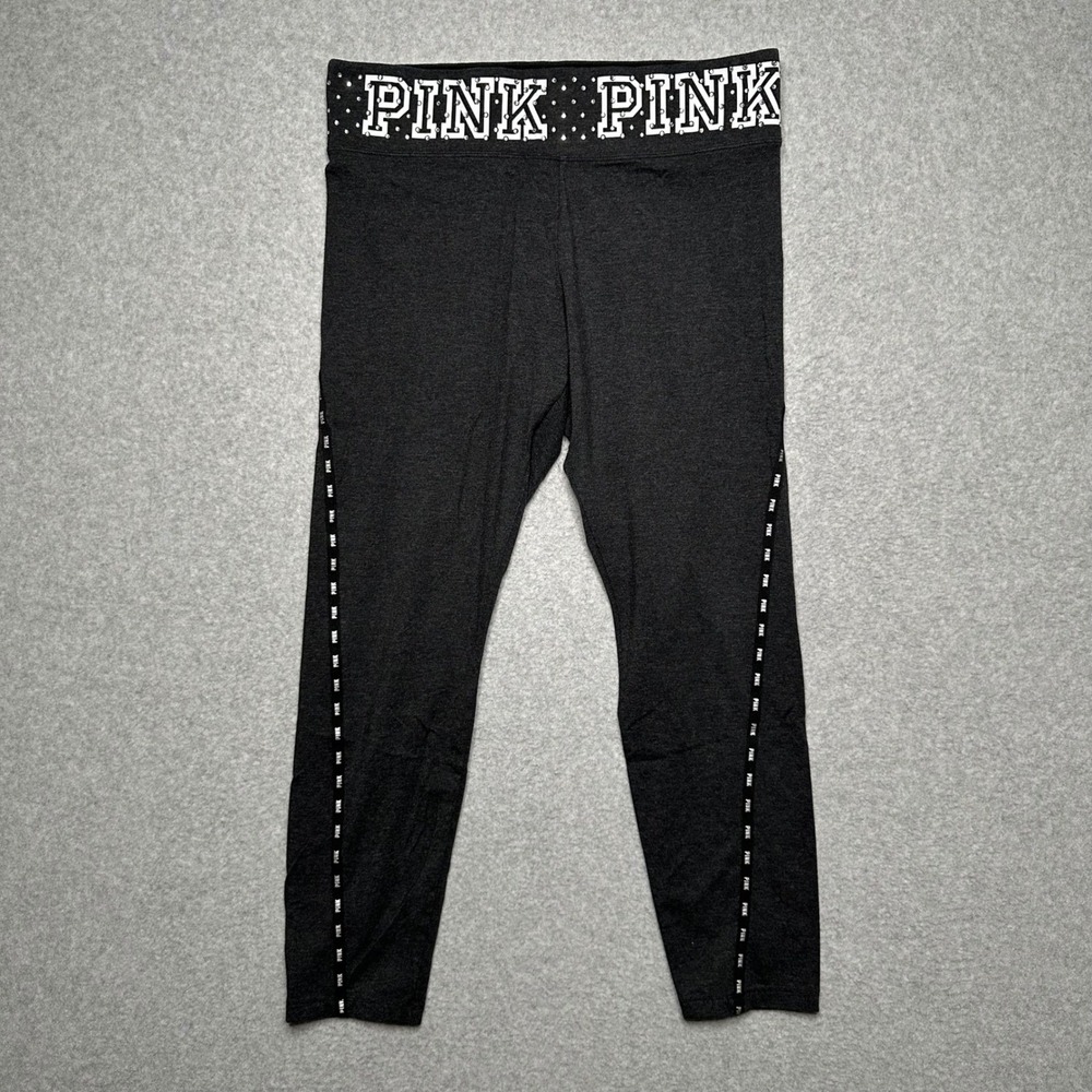 Y2K PINK Victoria's Secret Yoga Leggings XL Gray Rhinestone Logo Waistband